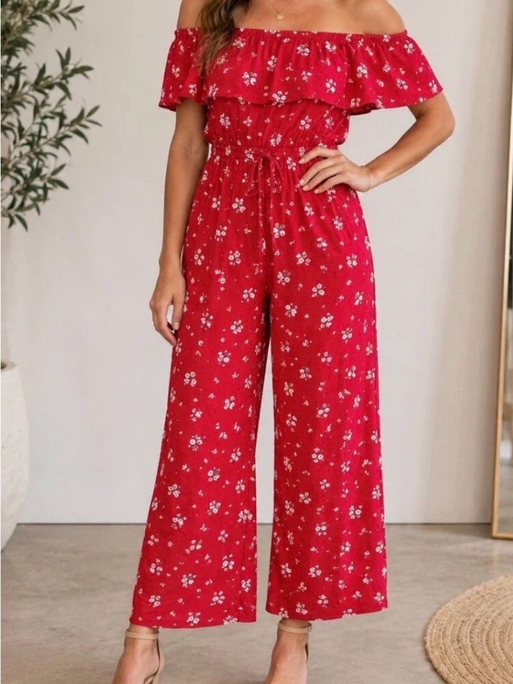 Hollister Red Floral Off-Shoulder Wide-Leg Jumpsuit